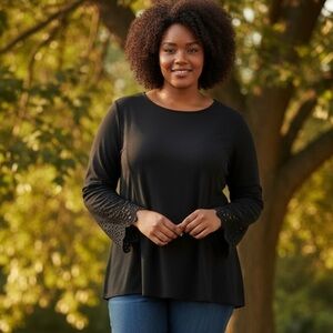 GUILLAUME (1X) Blouse with Cut-Out Lace Bell Sleeves Black Stretch NEW